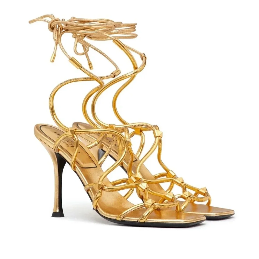 NIB Valentino Garavani Rockstud Net lace-up Heel Leather Sandals 40